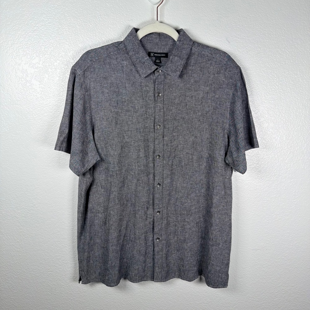 INC International Concepts Mens L Gray Linen Rayon Short Sleeve Metal Button Up